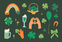 Saint Patrick's Day, St Patty Sticker Vector Set. Luck Symbols, Green Beer, Hand Holds Three And Four-leaf Clover, A Wicker Basket Full Of Shamrock, Rainbow With A Pot Of Leprechaun Gold On The End