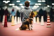 Boy with dog sits at agility course, anticipation in the air.