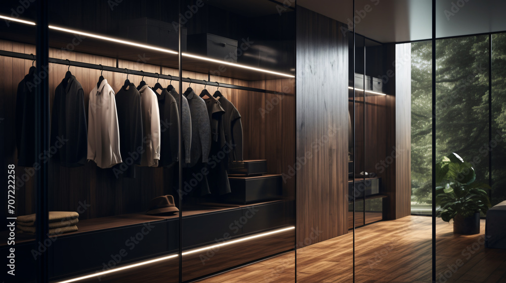 Modern luxury style warm wood walk in closet, minimal walk in wardrobe ...