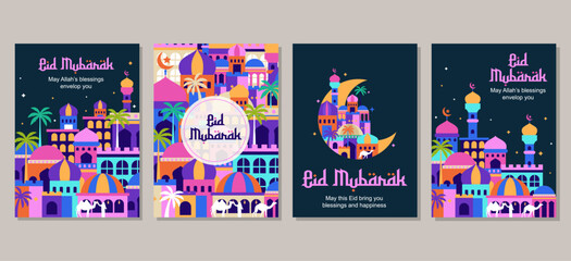 Wall Mural - Set of eid mubarak al fitr islamic arabic mosque architecture illustration for a poster banner, cover template. vector illustration