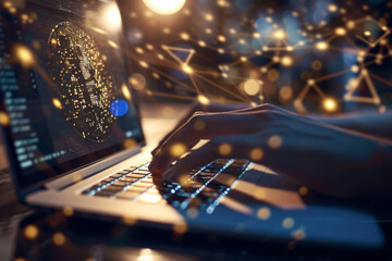 Poster - A photo showcasing work in cyberspace, utilizing a laptop for managing banking and financial investment information