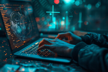 Poster - A photo showcasing work in cyberspace, utilizing a laptop for managing banking and financial investment information