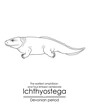 Ichthyostega is the earliest amphibian and four-limbed vertebrate from Devonian period. Black and white line art, perfect for coloring and educational purposes.