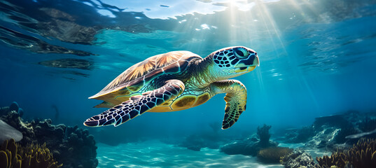 Wall Mural - A serene shot of a sea turtle near the beach and coral reefs, capturing the beauty of marine life. Perfect for nature, wildlife, and underwater themes