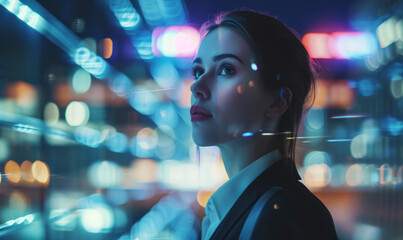 Aufkleber - a futuristic portrait of a businesswoman with holographic screens, incorporating glitch effects and reflections
