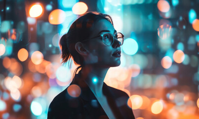 Poster - a futuristic portrait of a businesswoman with holographic screens, incorporating glitch effects and reflections