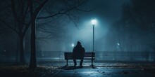  A Lonely Man Sits On A Bench At Night Surrounded By Streetlights And Fog, Depression