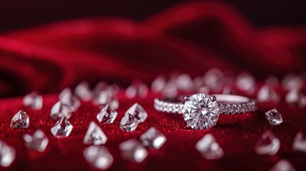 Poster -  a close up of a diamond ring and some diamonds on a red cloth with a red cloth behind it and a red cloth with a red cloth in the background.