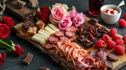 Sticker -  a platter of meats, cheeses, and flowers on a table with a cup of coffee and a vase of flowers on the side of chocolates.