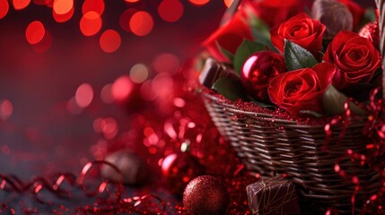 Wall Mural -  a basket filled with red roses sitting on top of a table next to a heart shaped ornament and a christmas ornament hanging from the side of the basket.