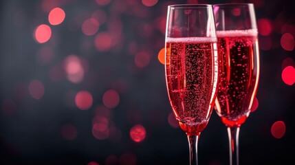 Wall Mural -  a close up of two glasses of wine on a table with blurry lights in the background and a boke of red and pink lights in the foreground.