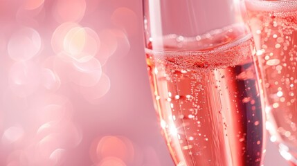 Sticker -  a close up of two glasses of champagne on a pink background with boke of light coming from the top of the glasses and bubbles on the bottom of the glasses.