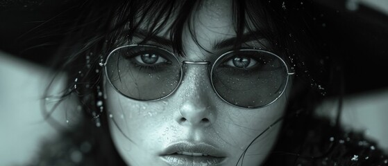 Canvas Print -  a close up of a woman wearing a hat and sunglasses with rain drops on her face and her hair blowing in the wind and her eyes covered with water droplets.