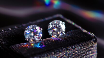 Wall Mural -  a pair of diamond studs sitting on top of a black cloth covered case with a colorful light reflecting off of the back of the pair of the studs.