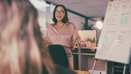 Canvas Print - Presentation meeting, whiteboard and business woman explain company agenda, sales plan or information. Project management, speaker and group listening to proposal ideas, feedback report or strategy