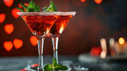 Wall Mural -  a close up of two cocktail glasses filled with liquid and garnished with a green leaf and sprig of mint on a table with hearts in the background.