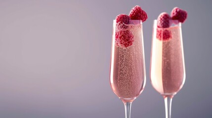 Sticker -  two champagne flutes filled with raspberries on top of a blue tablecloth with a silver spoon in the foreground and a silver spoon in the foreground.