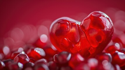 Poster -  a couple of red hearts sitting on top of a pile of pomegranates in front of a red background with a blurry light coming from the top.