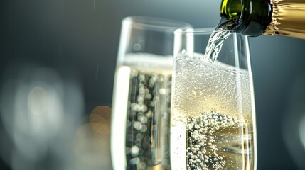 Wall Mural -  a bottle of champagne being poured into a glass filled with sparkling bubbles and a bottle of champagne in the foreground, with a blurry background of sparkling bubbles.