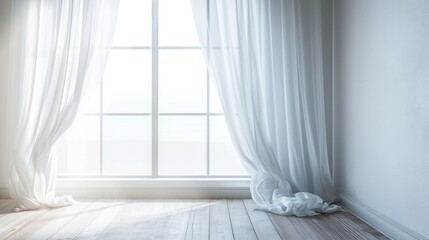 Sticker -  an empty room with a white curtain and a pile of toilet paper on the floor in front of a window with a white curtain and a light coming through the window.