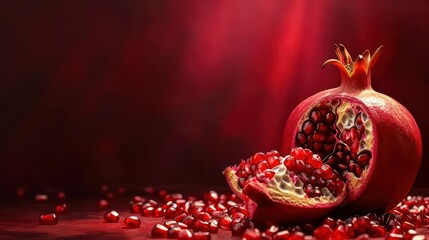 Poster -  a pomegranate sitting on top of a pile of pomegranates on top of a red table next to a red cloth and black background.