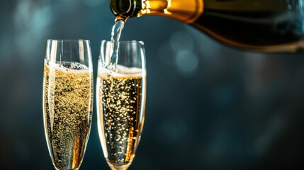 Wall Mural -  a bottle of champagne being poured into two glasses filled with sparkling liquid and a bottle of champagne being poured into two glasses filled with sparkling liquid and topped with sparkling.