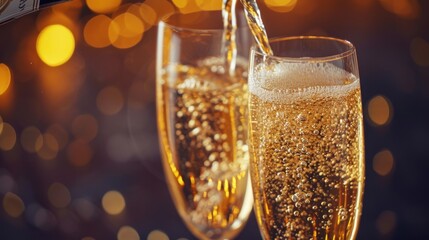 Wall Mural -  a close up of two glasses of champagne being filled by a bottle of champagne and a bottle of wine being poured into a glass with gold flecks on a boke.