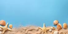 Seashell, Starfish And Beach Sand On Blue Background. Summer Holiday Concept. Top View And Flat Lay.