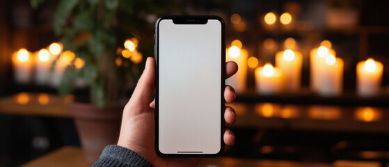 Male hand holds a phone with a white screen on the background of burning candles