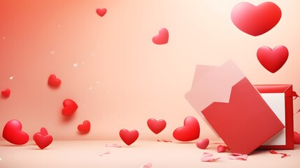 Valentine day holiday background with gift, envelope, paper card and various red hearts for love romantic message. 