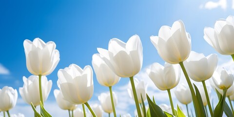 Wall Mural - white tulips in front of a blue sky against the sunlight