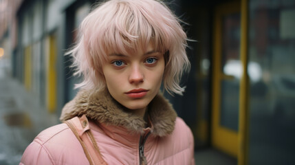 Wall Mural - Portrait of a teenager girl with pink hair on the street.