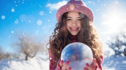 Wall Mural - Grinning girl sky blue dress magenta backdrop winter scene globe