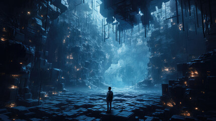 Wall Mural - Luminescent data node cavern solitary sentinel cybersecurity safeguarding