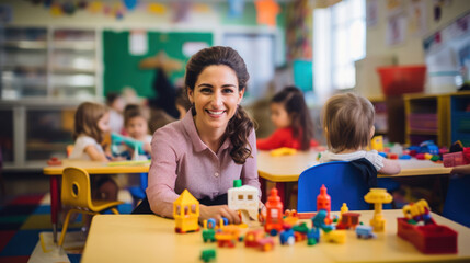 Poster - Preschool teacher in colorful classroom creating a nurturing learning environment