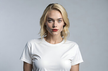 Wall Mural - Young beautiful blonde woman with white mock up t-shirt
