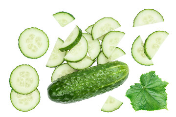 Wall Mural - Sliced cucumber isolated on white background with full depth of field, Top view. Flat lay