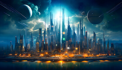 Wall Mural - Futuristic alien planet landscape with rocky terrain, glowing elements, and multiple planets in the night sky. A sci-fi scene perfect for space exploration and cosmic adventure wallpaper