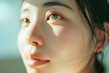 Wall Mural - A portrait displaying the impact of stress-relief techniques on skin health. a comfortable, relaxed korean woman's face. generative AI