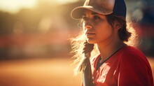 Closeup Of A Woman Softball Player Standing On A Softball Field Looking Away From Camera In The Sun