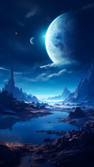 Wall Mural - Futuristic alien planet landscape with rocky terrain, glowing elements, and multiple planets in the night sky. A sci-fi scene perfect for space exploration and cosmic adventure wallpaper