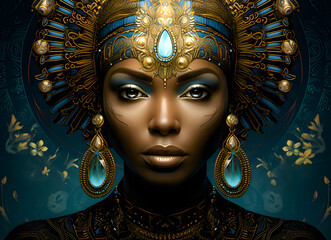 Wall Mural - history of a beautiful african woman wearing traditional kingdom dress in futuristic background