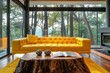 Tree trunk coffee table near yellow leather tufted sofa by fireplace. Minimalist home interior design of modern living room in villa in forest.