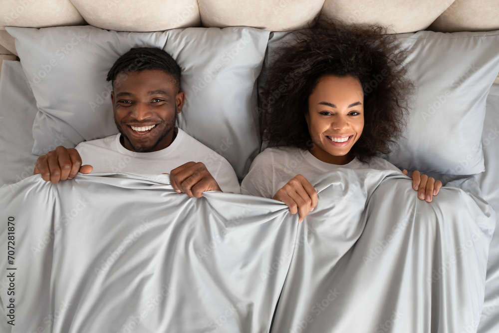 Top View African Couple Lying In Bed Covered With Blanket Stock Photo ...