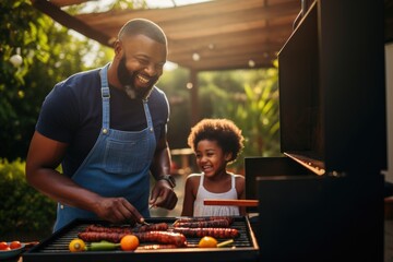 Smiling father barbequing with daughter in backyard