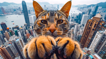 Wall Mural - A funny ginger cat on top of a skyscraper posing for a selfie. 