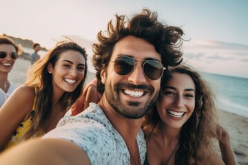 Wall Mural - Happy group of young people taking a selfie on the beach