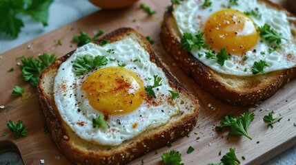 Wall Mural - A simple and delicious breakfast of two pieces of toast topped with a perfectly cooked egg. Perfect for a quick and satisfying start to the day