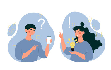 Wall Mural - People thinking concept. Man and woman with question and exclamation marks. Mental health and psychology. Young guy and girl with logical processes. Cartoon flat vector illustration