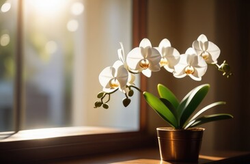 Wall Mural - Beautiful white orchid standing on the windowsill by the window